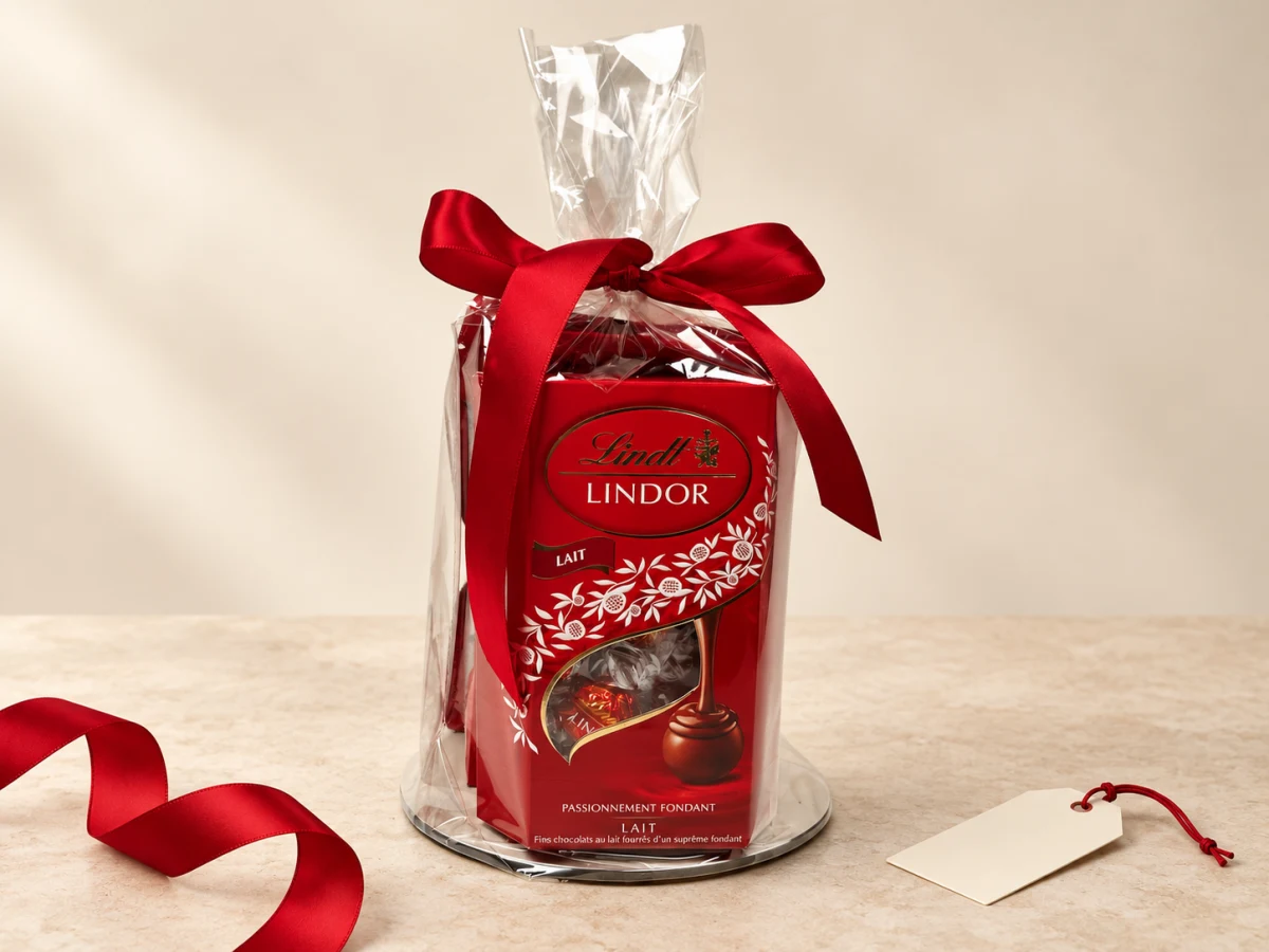 Коробка молочных конфет Lindor в подарочной упаковке с красным бантом